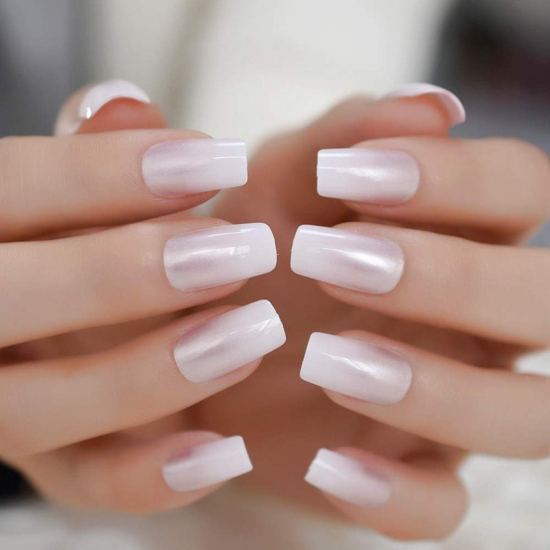 EchiQ Pearl Shine Glossy Fake Nails Shimmer White Square French Nail Ombre Faux Ongles Gradient Medium Fingernails with Gluetabs - Image 1